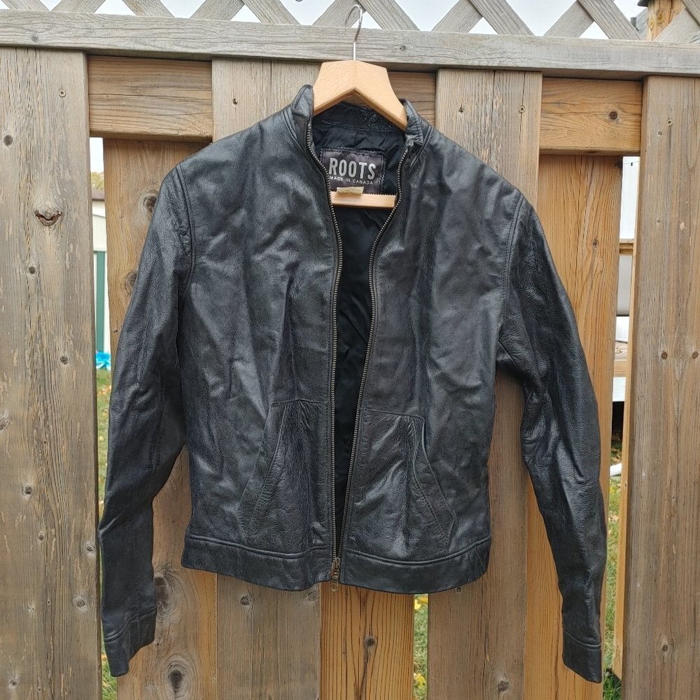 Vintage ROOTS Canada Leather Jacket Black Leather Size 6 Lined